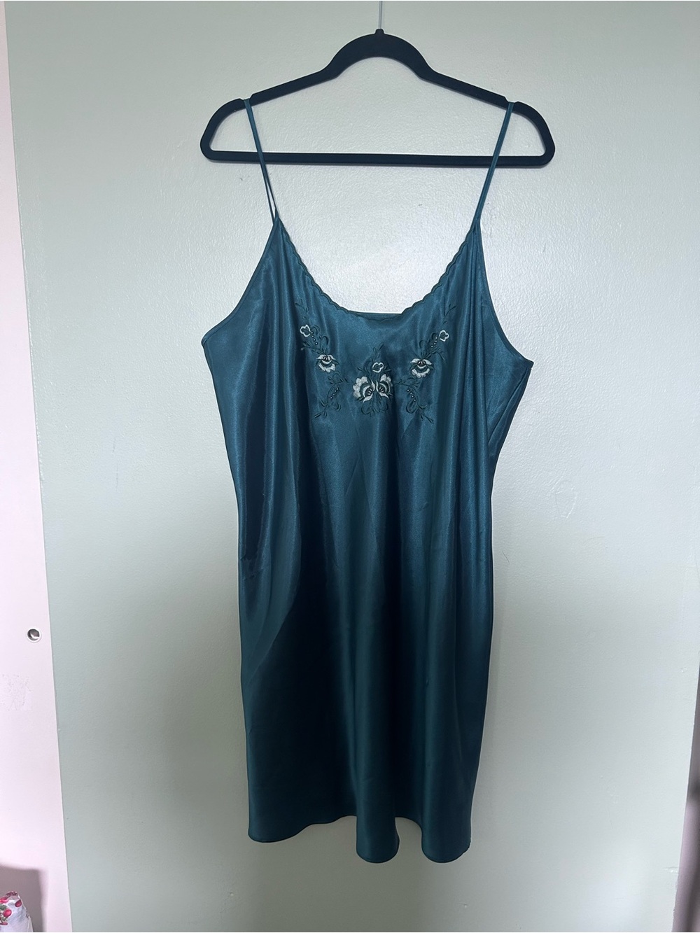 Green Satin Slip Dress with Floral Embroidery